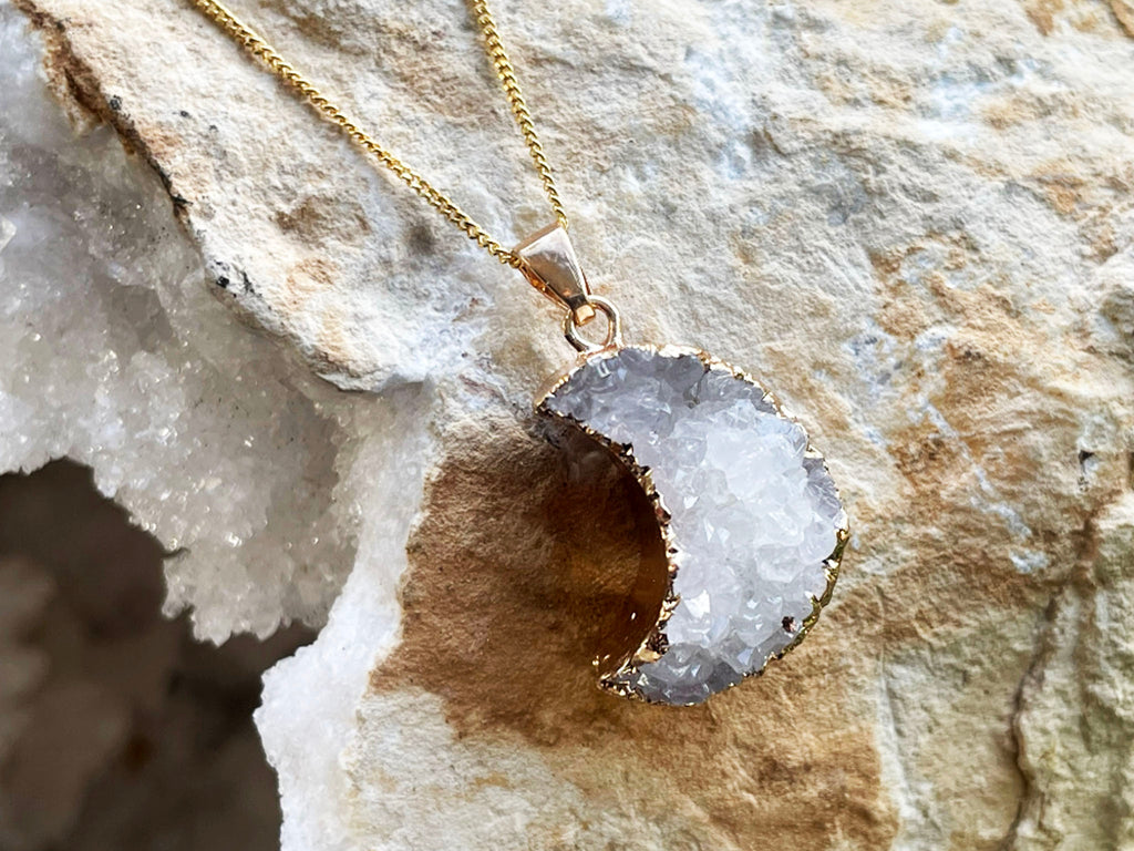 Druzy Quartz Moon Gold Necklace