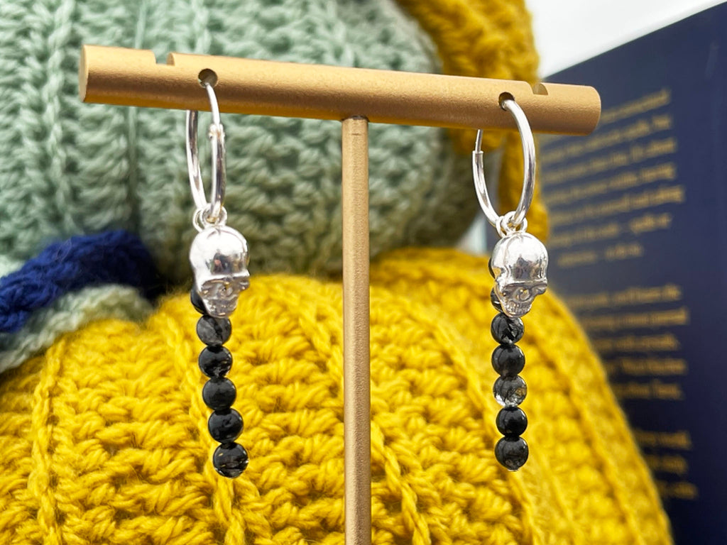 Black Tourmaline In Quartz and Sterling Silver Skull Earrings