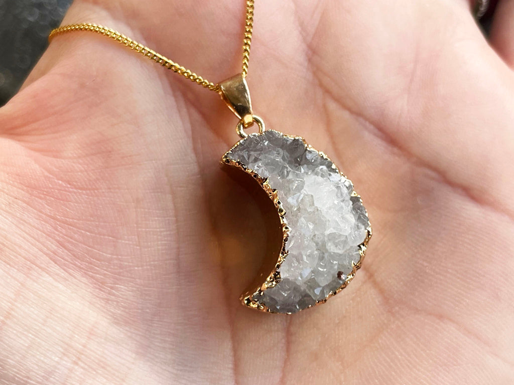 Druzy Quartz Cluster Moon Necklace