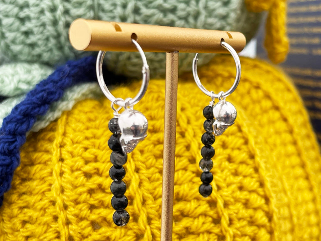 Black Tourmaline In Quartz and Sterling Silver Skull Earrings