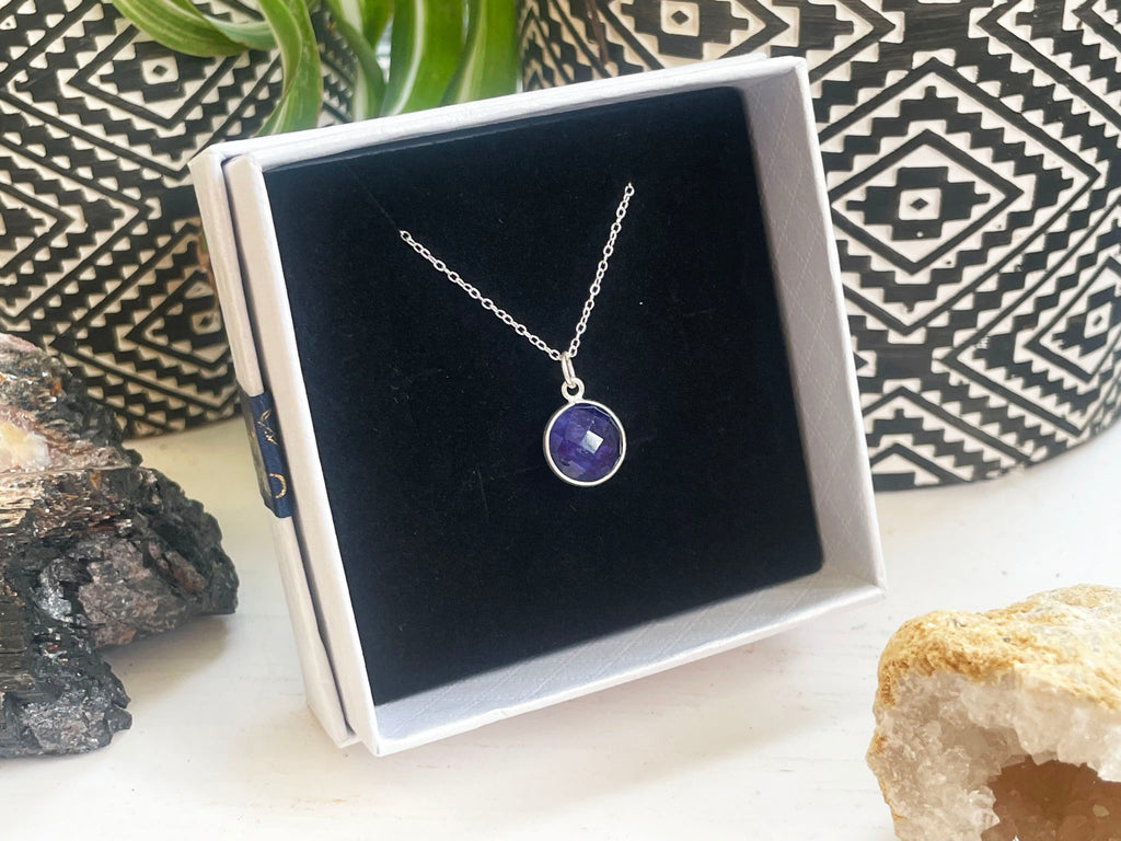 Faceted Sapphire Round Pendant Sterling Silver Necklace