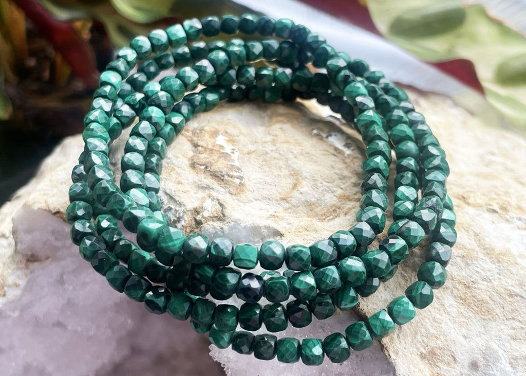 Malachite Faceted Cube Beaded Bracelet