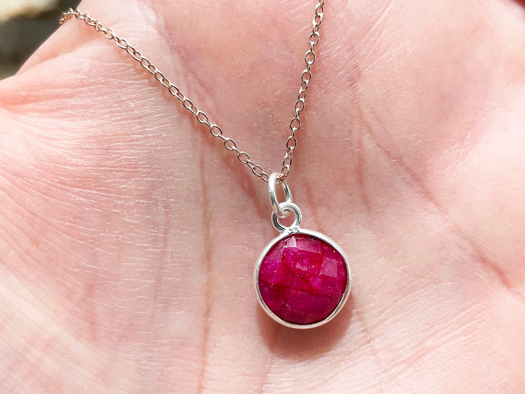 Faceted Ruby Round Pendant Sterling Silver Necklace