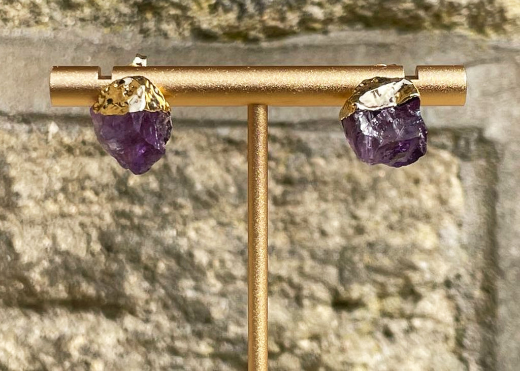 Pair Of Raw Amethyst Stud Earrings With Electroplating