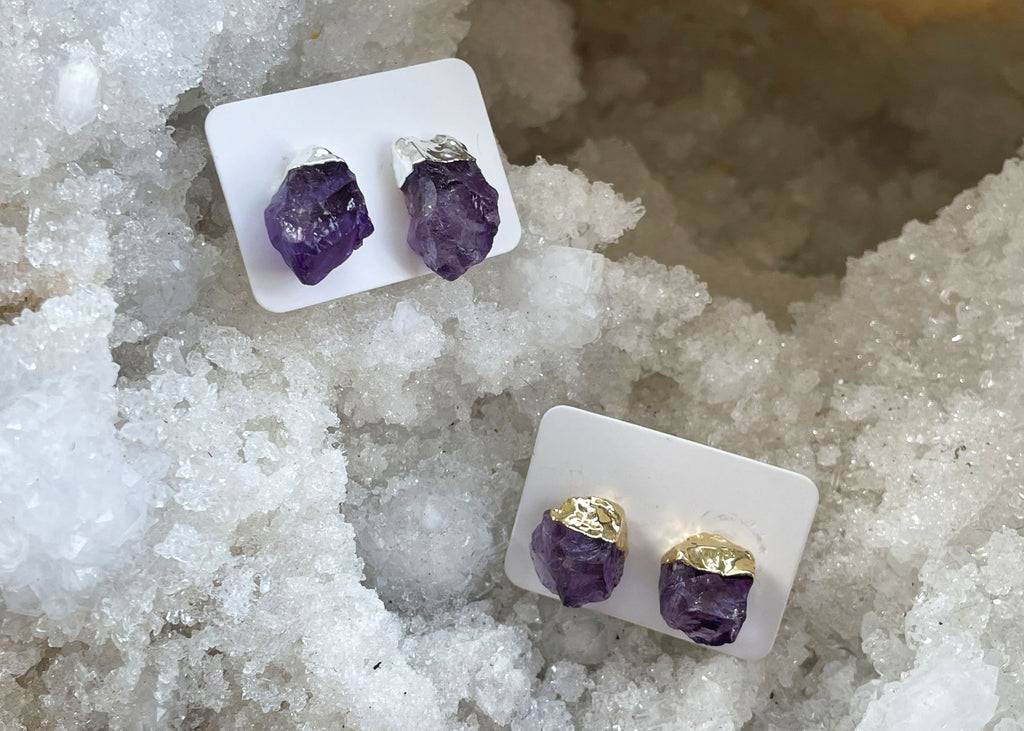 Pair Of Raw Amethyst Stud Earrings With Electroplating