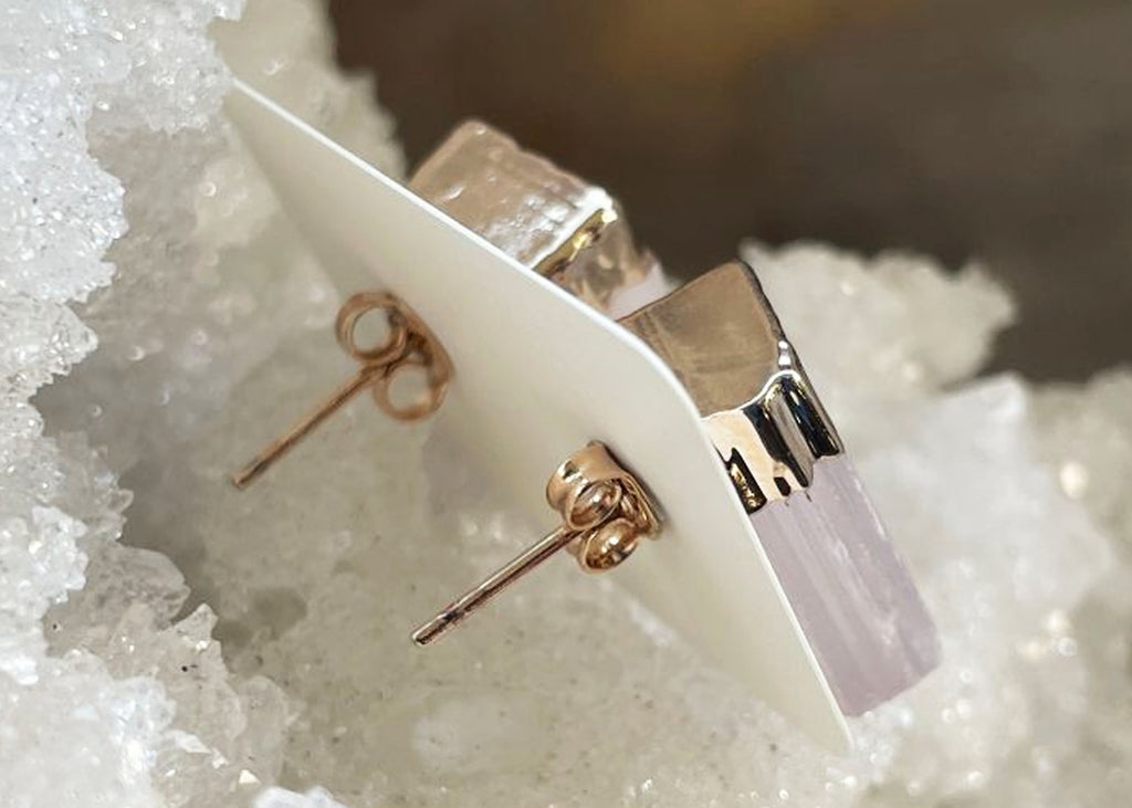 Pair Of Raw Selenite Stud Earrings With Electroplating