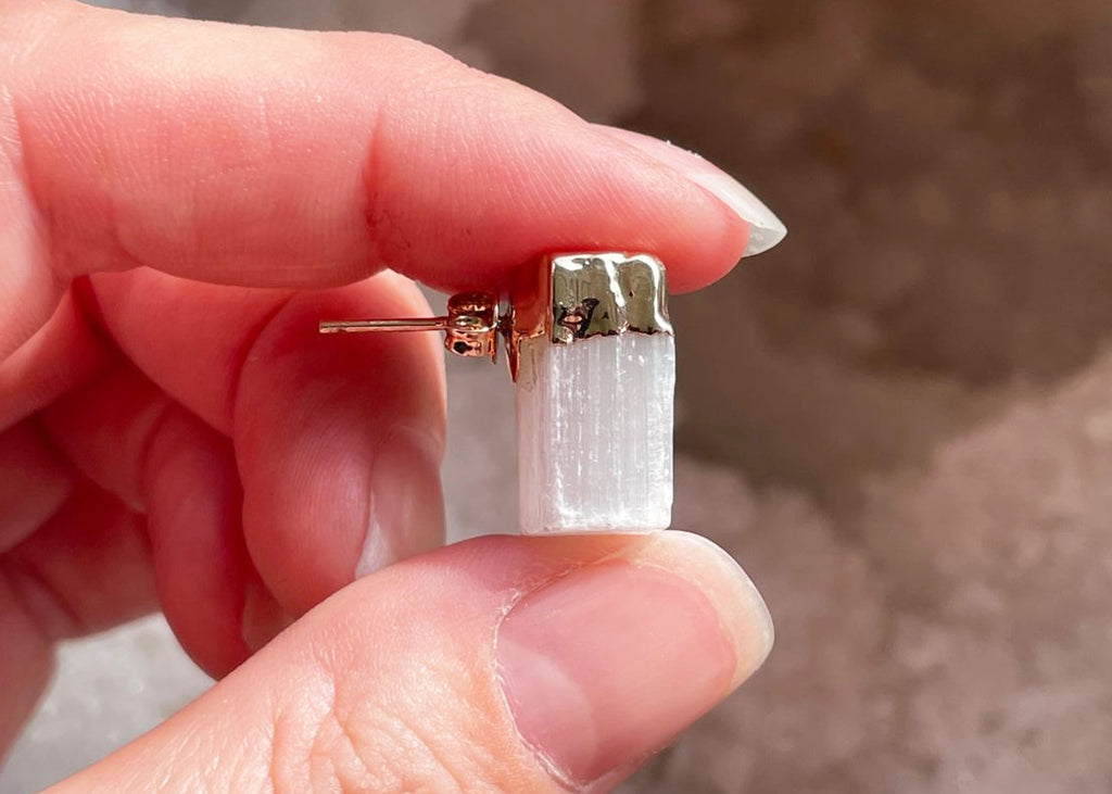 Pair Of Raw Selenite Stud Earrings With Electroplating