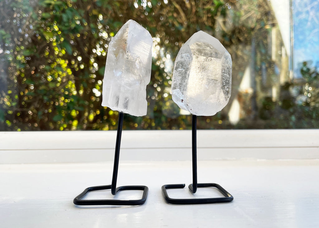 Clear Quartz Point On Mini Metal Stand