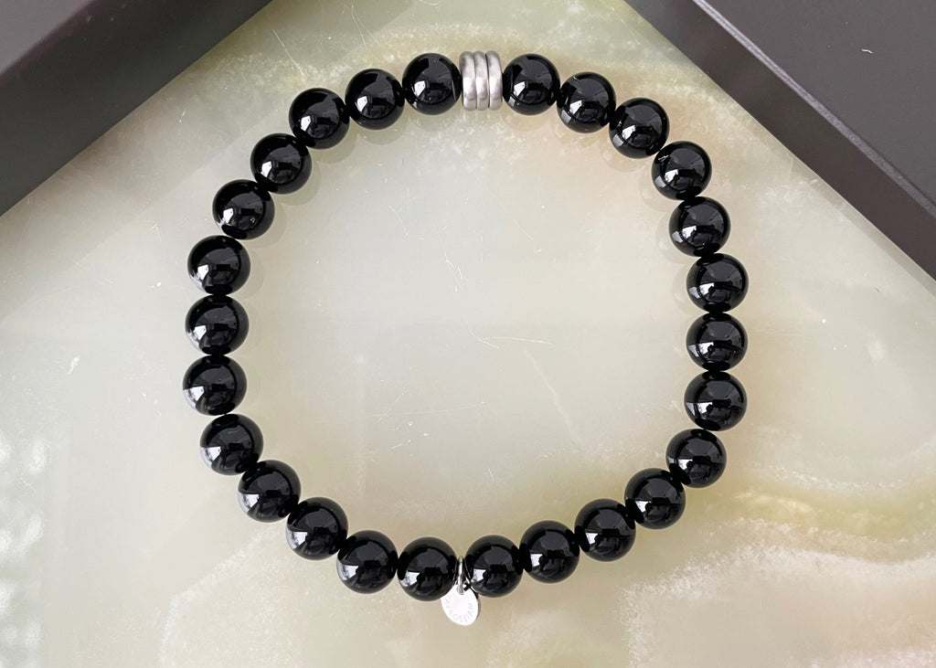 Mens Black Agate Tateossian Beaded Bracelet