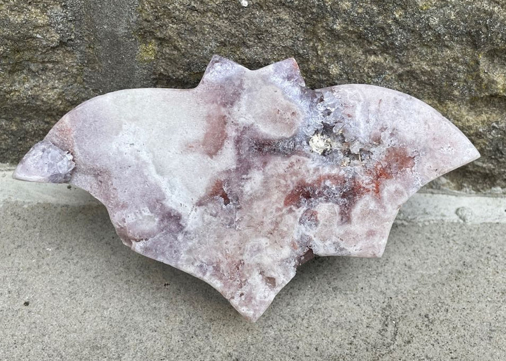 Carved And Polished Pink Amethyst Druzy Bat