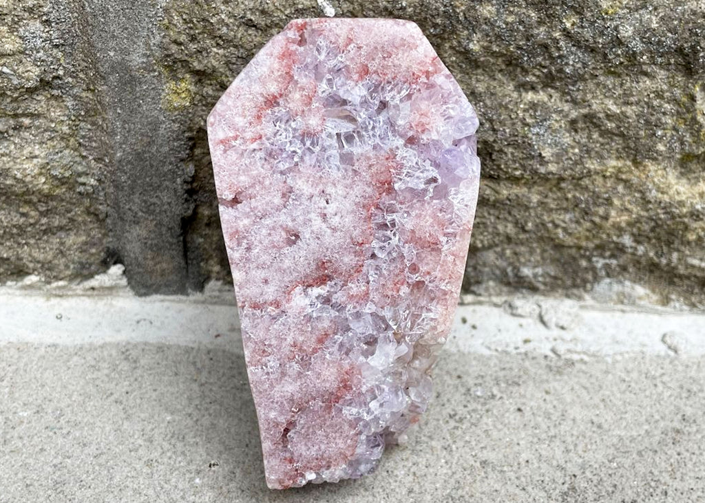 Carved And Polished Druzy Pink Amethyst Coffin