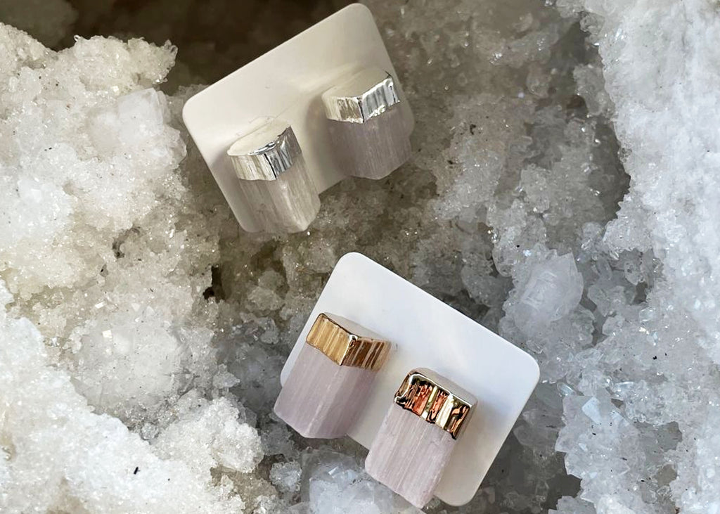 Pair Of Raw Selenite Stud Earrings With Electroplating