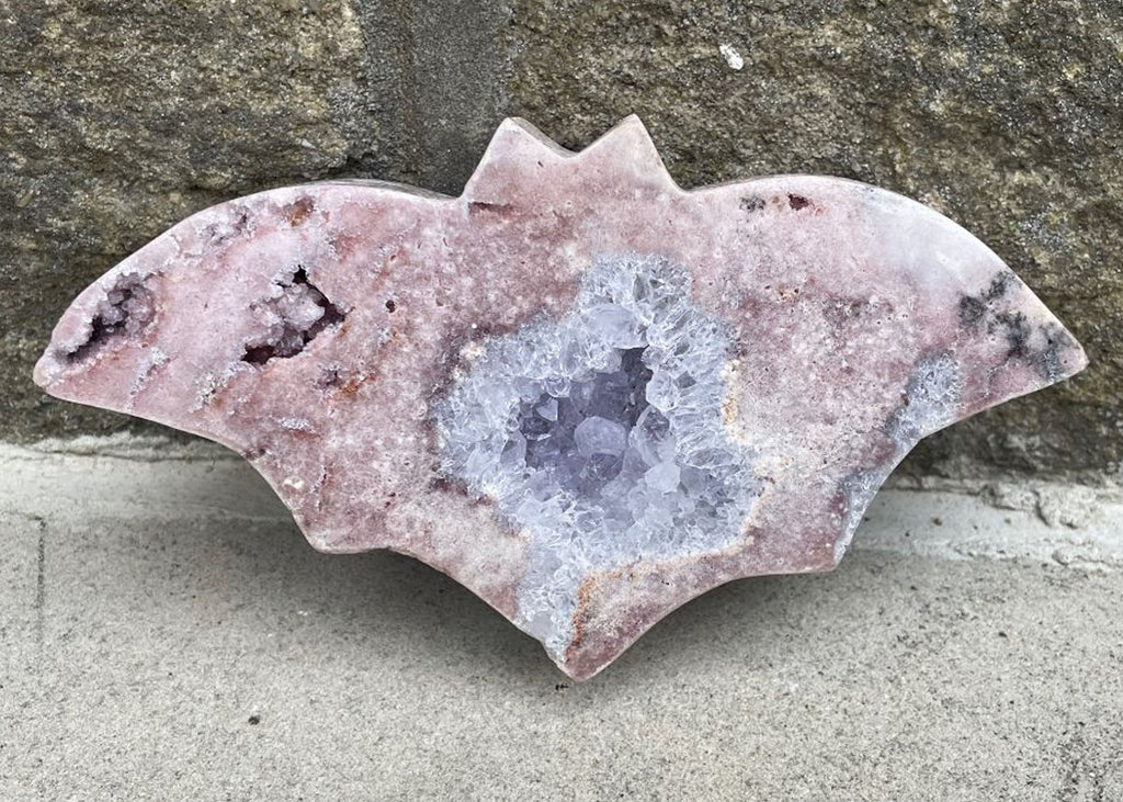 Carved And Polished Pink Amethyst Druzy Bat