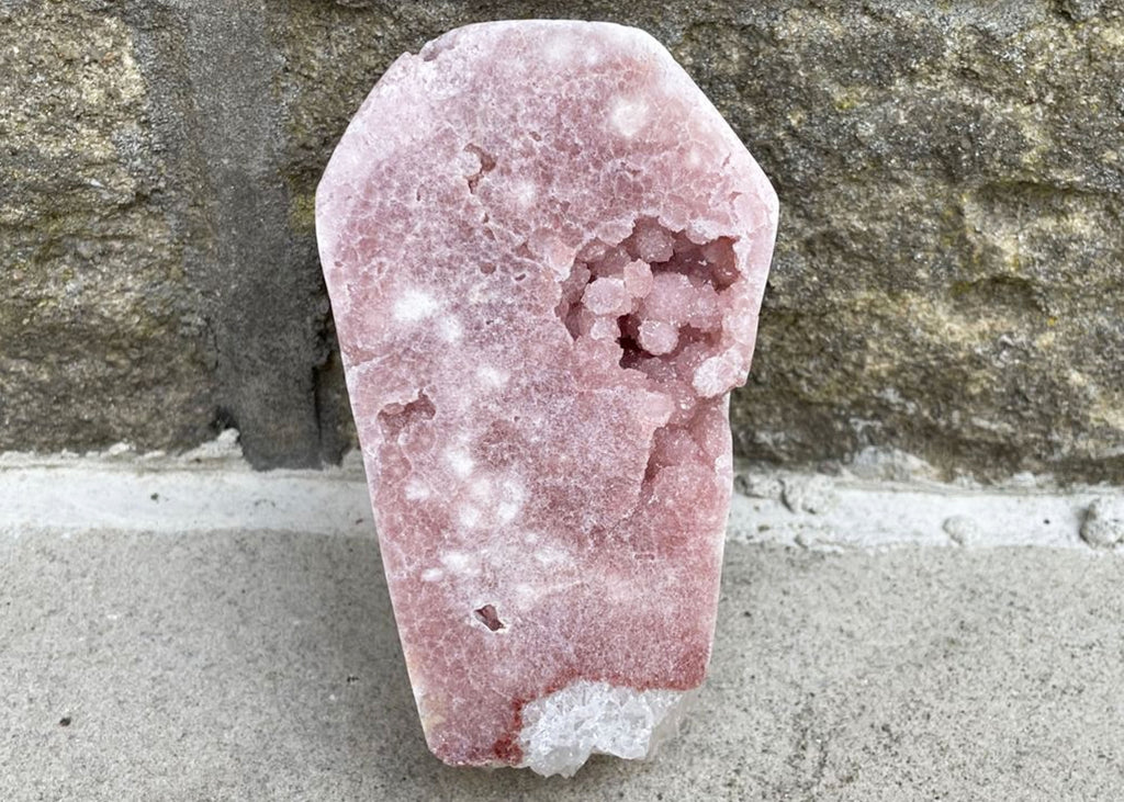 Carved And Polished Druzy Pink Amethyst Coffin