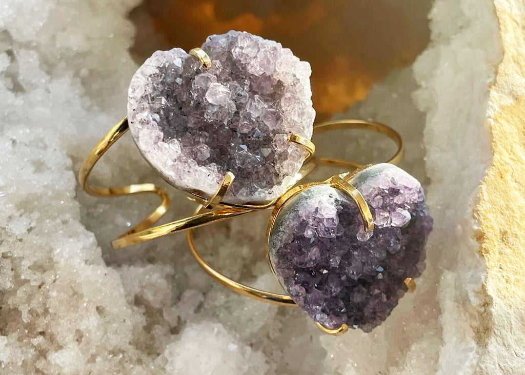 Gold Plated Druzy Amethyst Heart Bangle