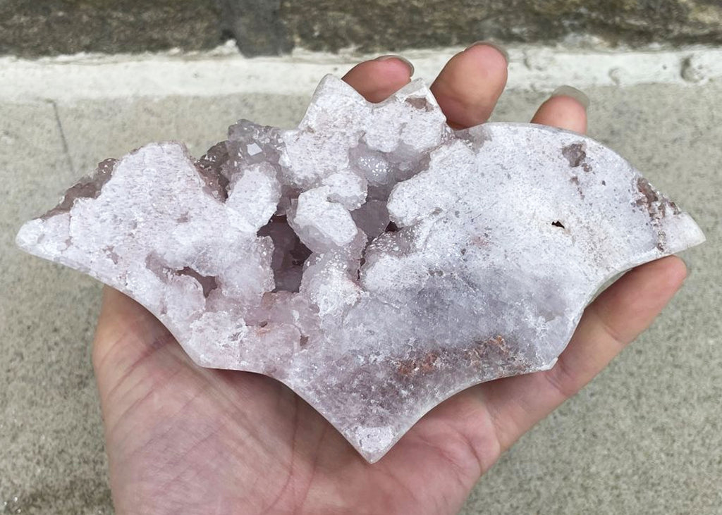 Carved And Polished Pink Amethyst Druzy Bat