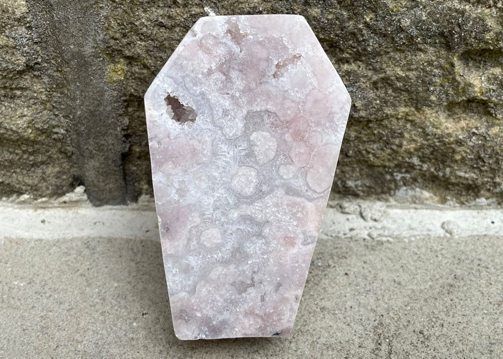 Carved And Polished Druzy Pink Amethyst Coffin