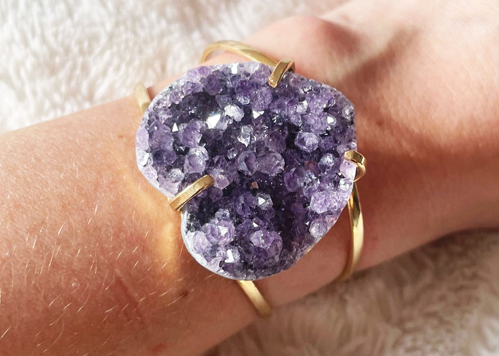 Gold Plated Druzy Amethyst Heart Bangle