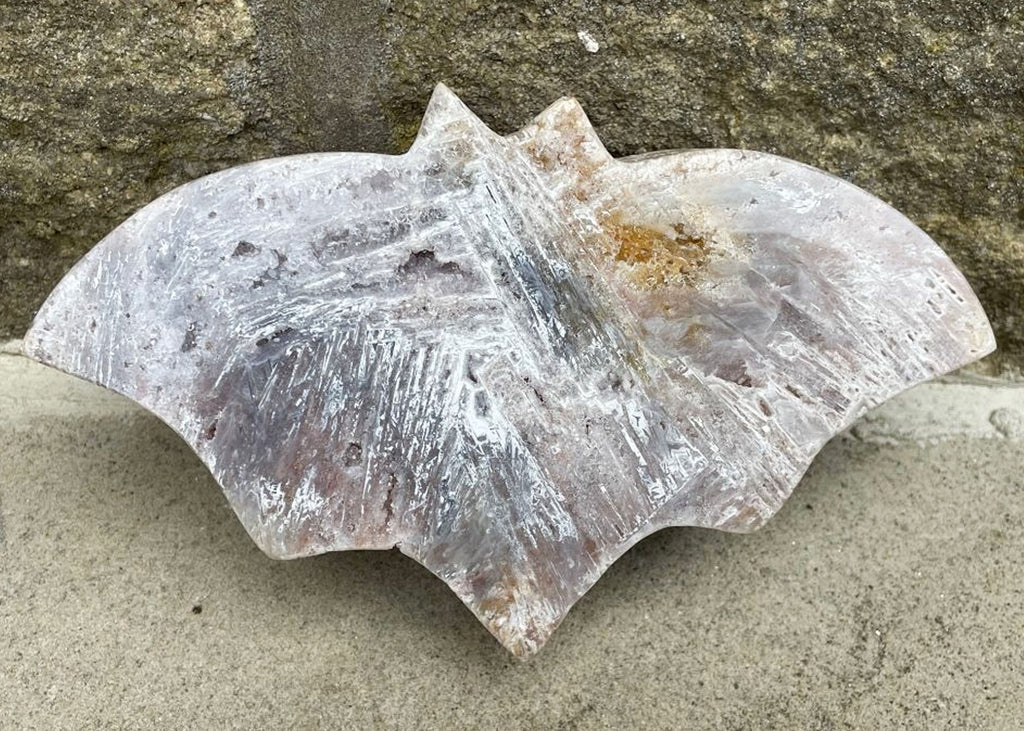 Carved And Polished Pink Amethyst Druzy Bat