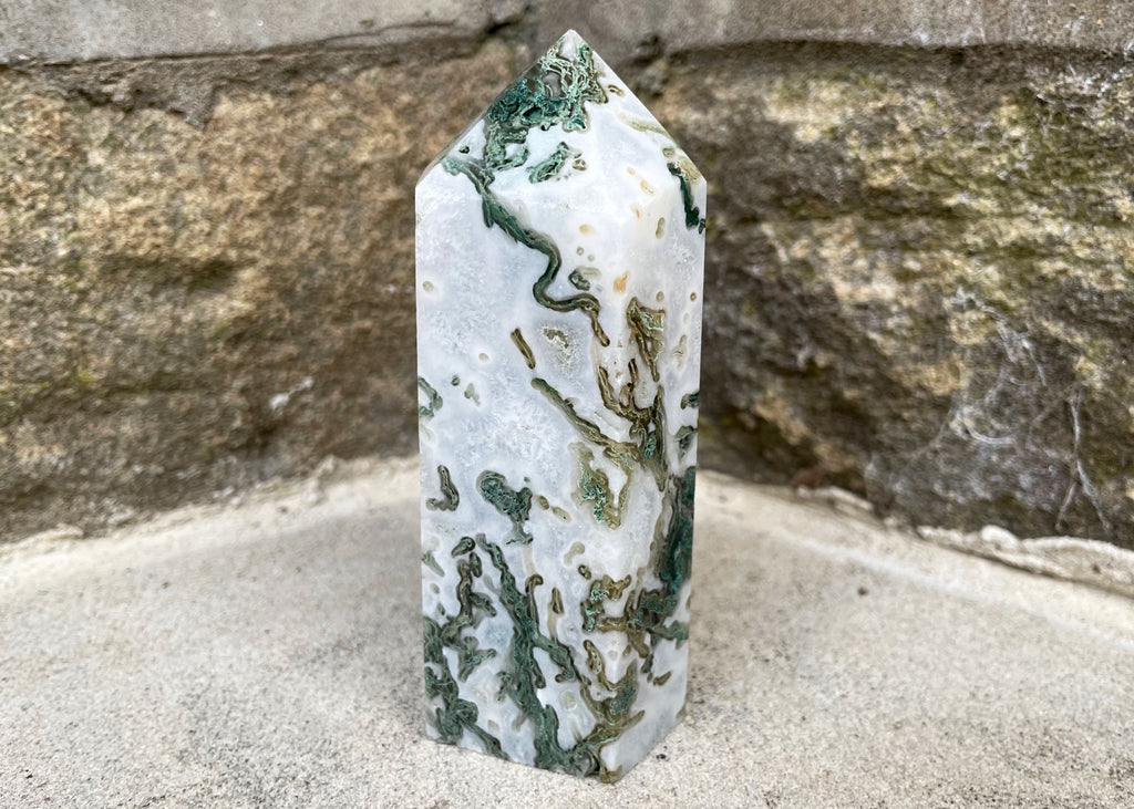 White Moss Agate Tower