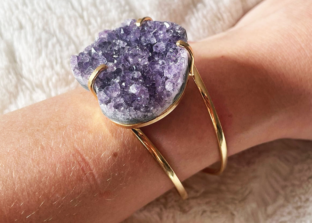 Gold Plated Druzy Amethyst Heart Bangle