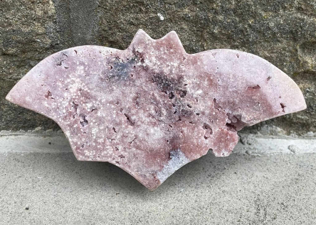 Carved And Polished Pink Amethyst Druzy Bat