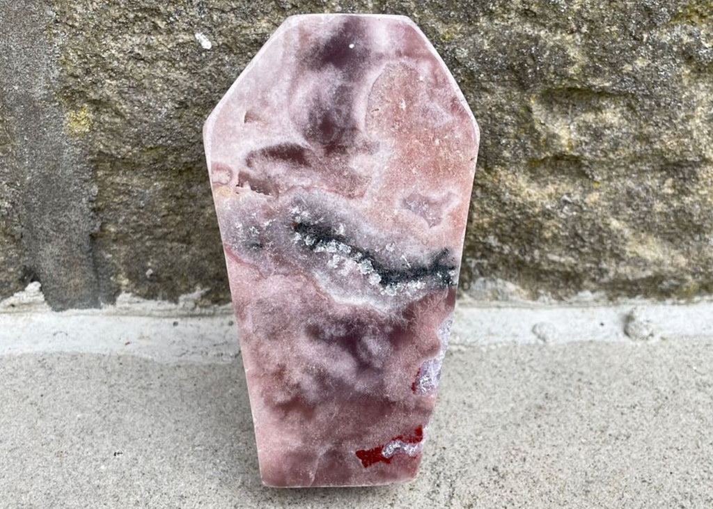 Carved And Polished Druzy Pink Amethyst Coffin