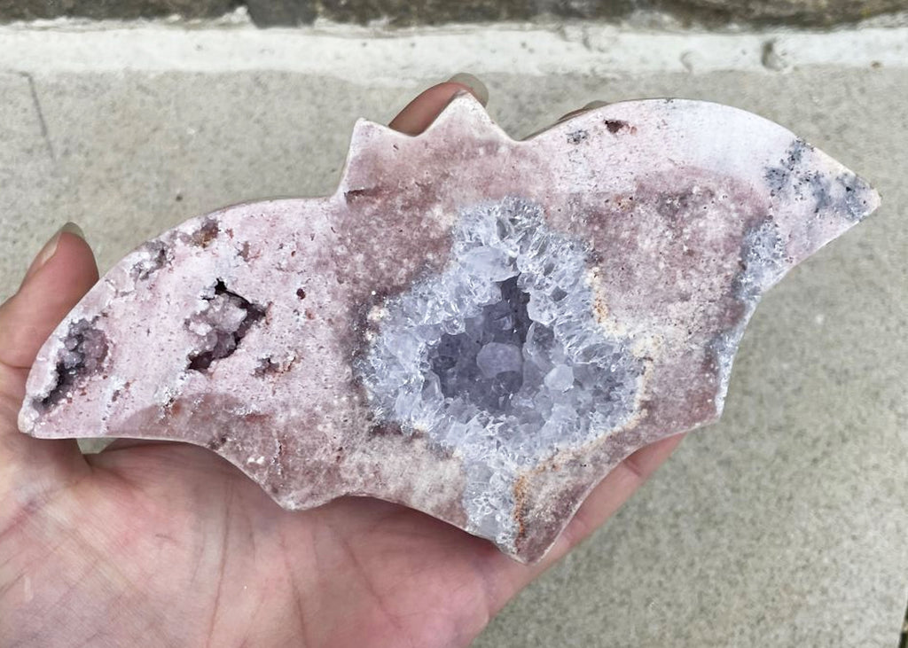 Carved And Polished Pink Amethyst Druzy Bat