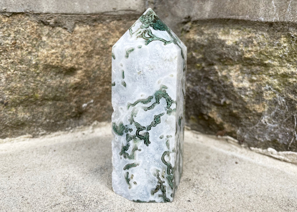 White Moss Agate Tower