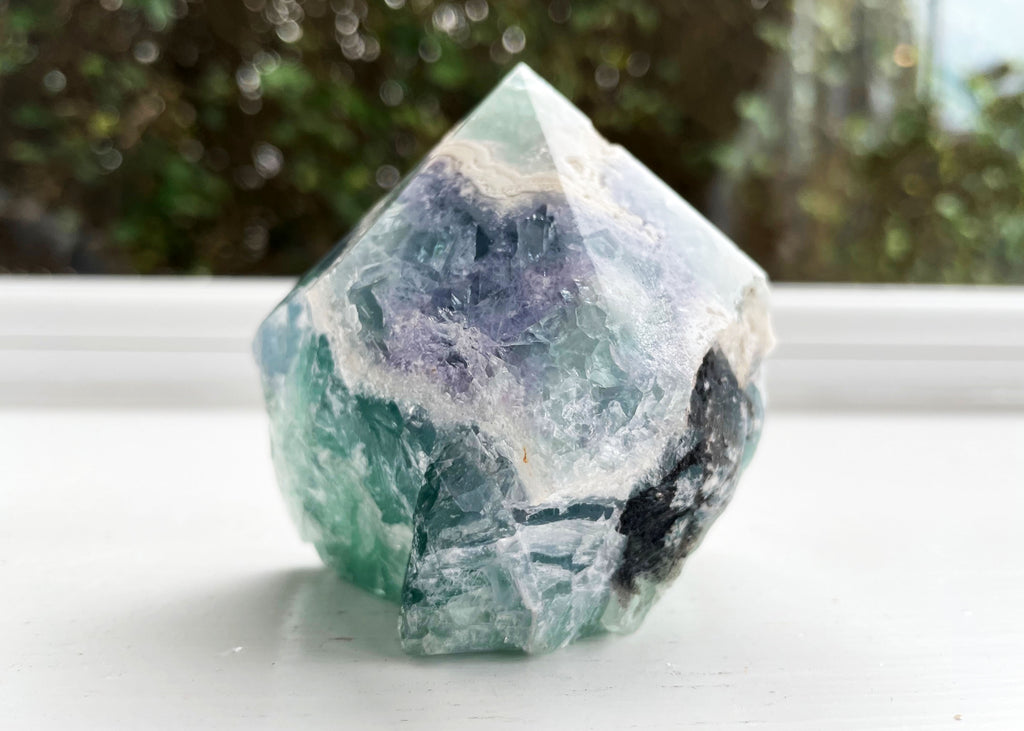 Semi-Polished Cut Base Rainbow Fluorite Point