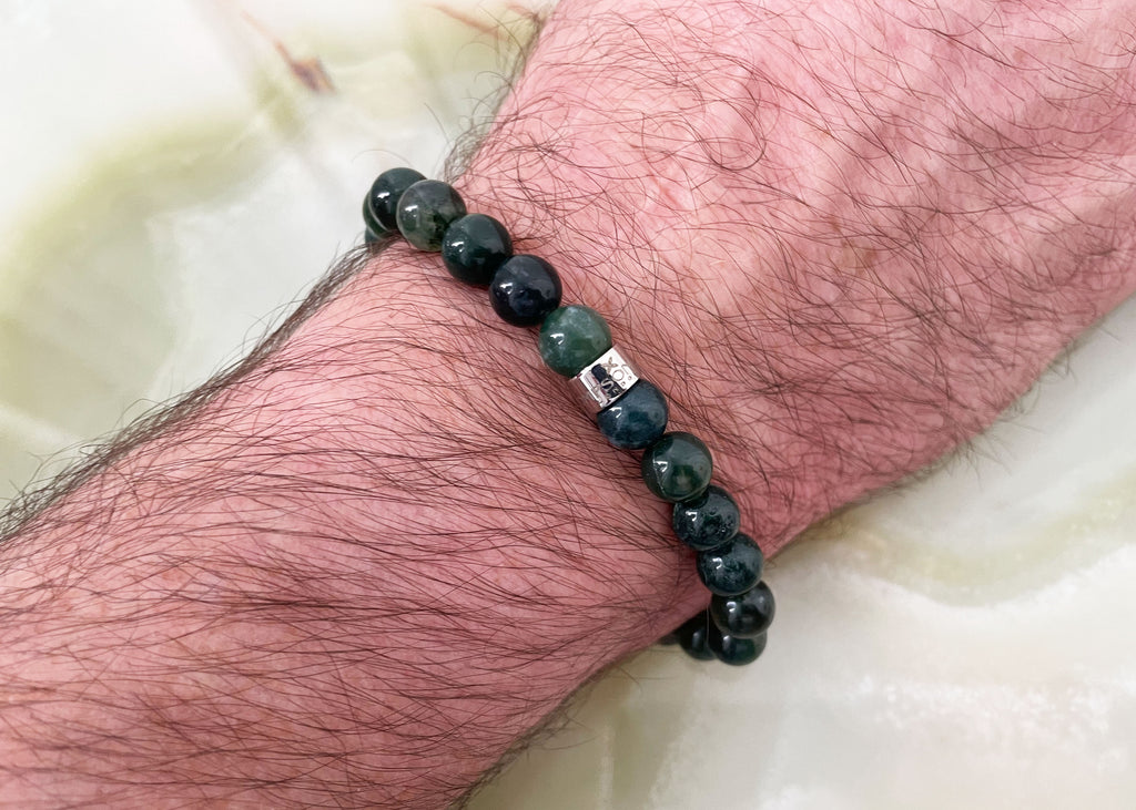 Mens Moss Agate Thompson Beaded Bracelet and Tumblestone Gift Set