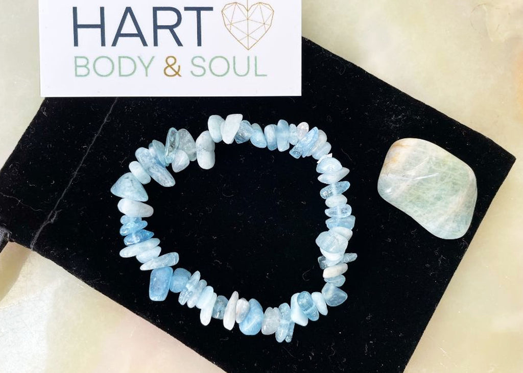 Aquamarine crystal bracelet and tumblestone gift set.