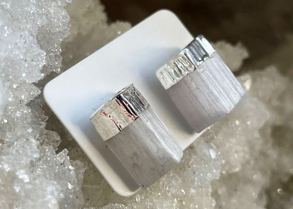 Pair Of Raw Selenite Stud Earrings With Electroplating