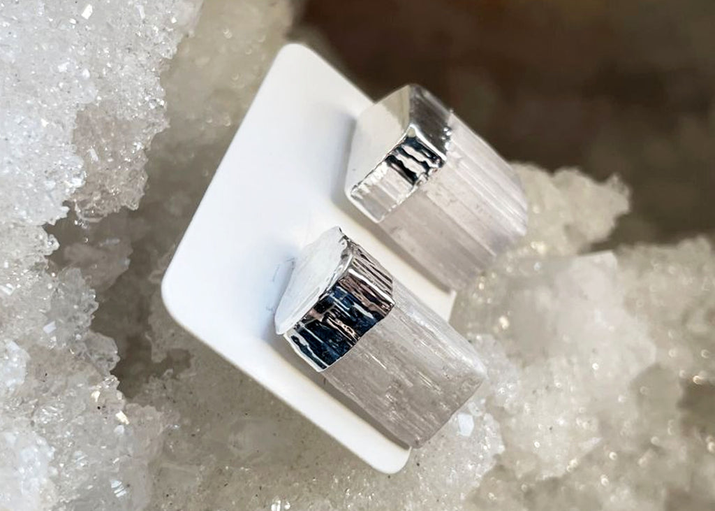 Pair Of Raw Selenite Stud Earrings With Electroplating